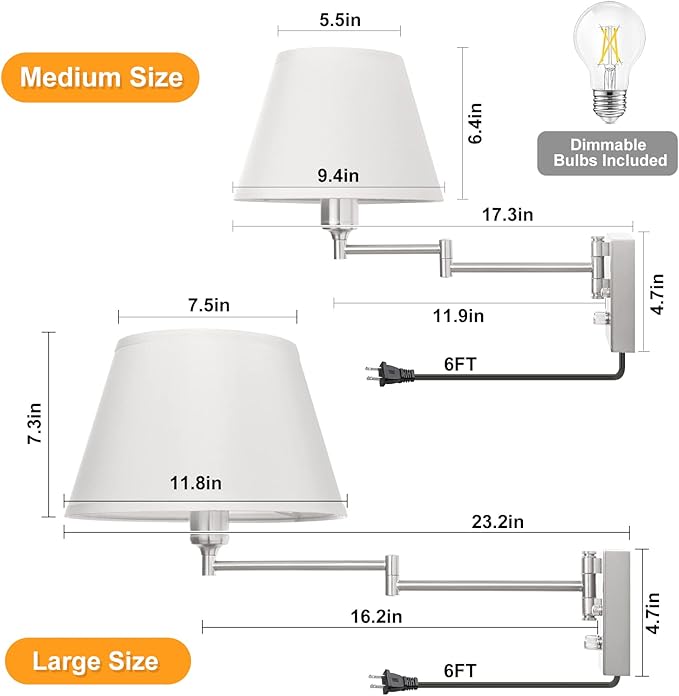 TRLIFE Dimmable Wall Sconce Plug in, Brushed Nickel Wall Sconces Set of Two - Image 6