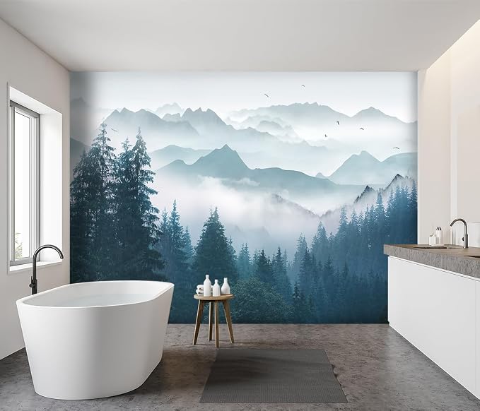 -Foggy Forest Pine Scenery Fabric Wallpaper Living Room Bedroom Bathroom - Image 3