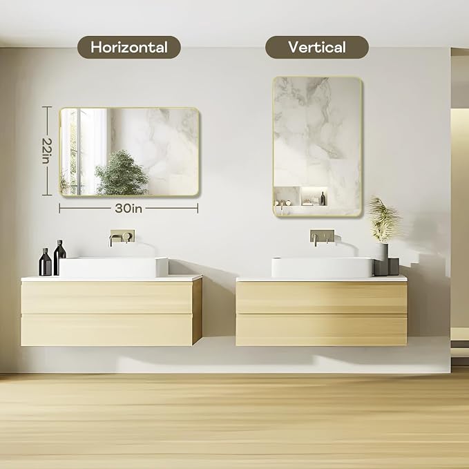 Gold Framed Bathroom Mirror, Brushed Gold Bathroom Vanity Wall Mirror, Rounded - Image 3