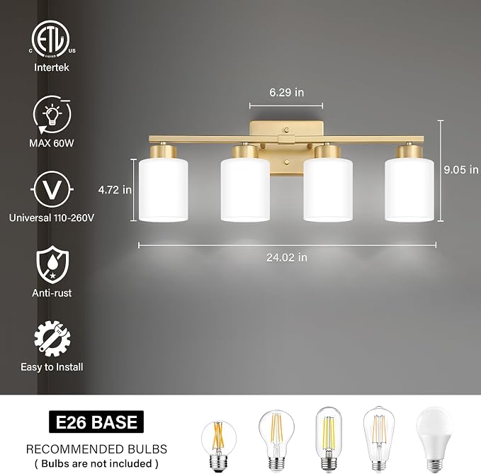 FonmYim Gold Bathroom Light Fixtures, 4-Light Modern Vanity Light Over Mirror - Image 2