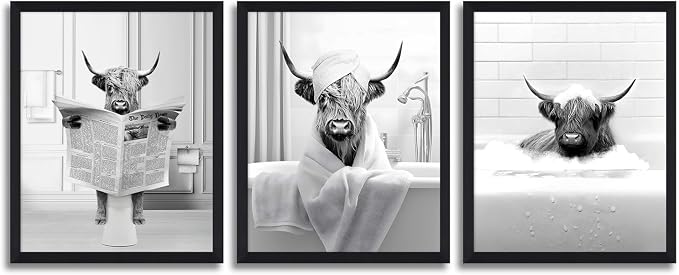 KBKBART Funny Highland Cow Wall Art Set of 3, Rustic Farmhouse Bathroom Cow by KBKBART