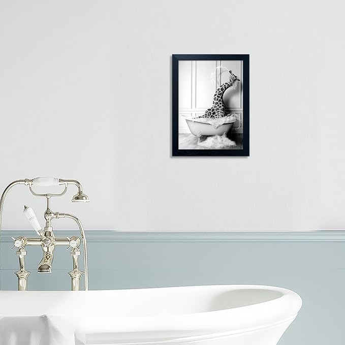 Black and White Bathroom Wall Decor Funny Giraffe in Bathtub Decor Framed - Image 9