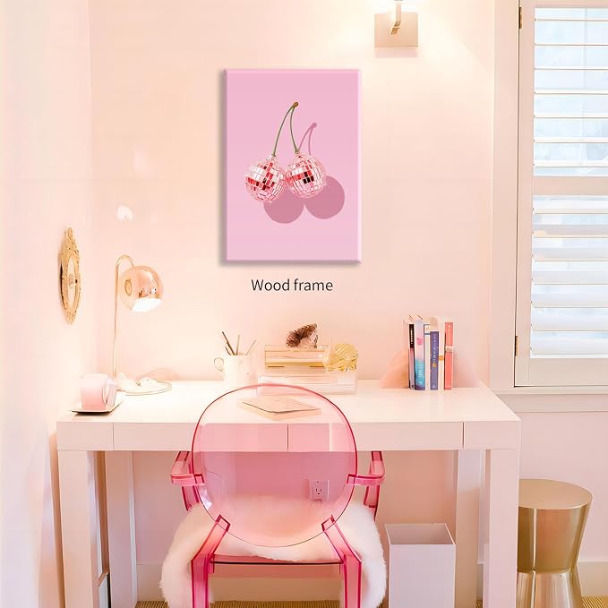 Funky Pink Cherry Poster Retro Disco Ball Canvas Wall Art 16X24 inch Framed - Image 3