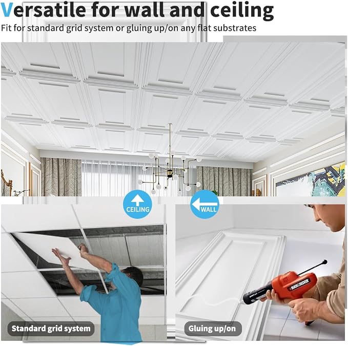 Art3d Drop Ceiling Tiles, 24x48in. White, Polyvinyl Chloride, Glue Down - Image 6