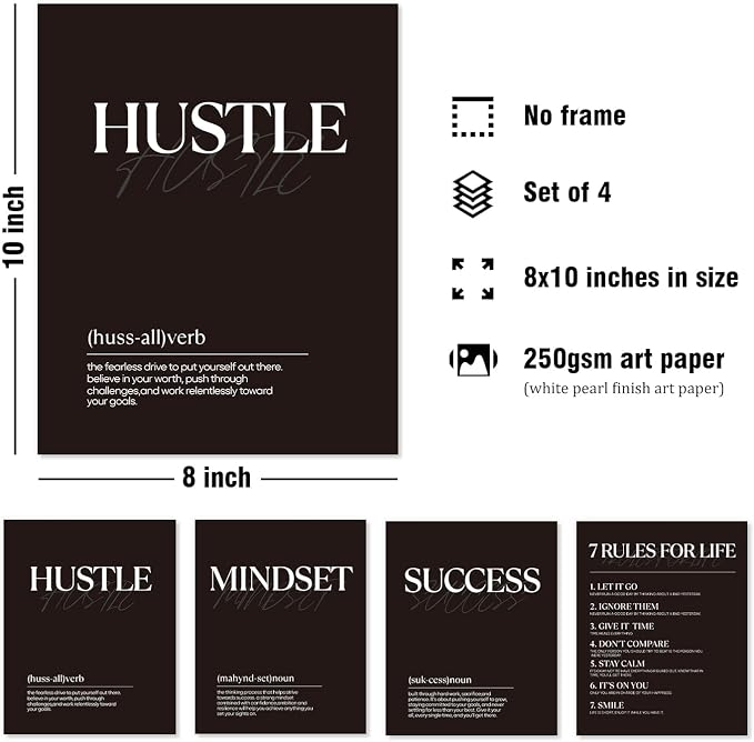 DSHFG Black Motivational Office Pictures Wall Decor Prints Set of 4, 8x10 - Image 2