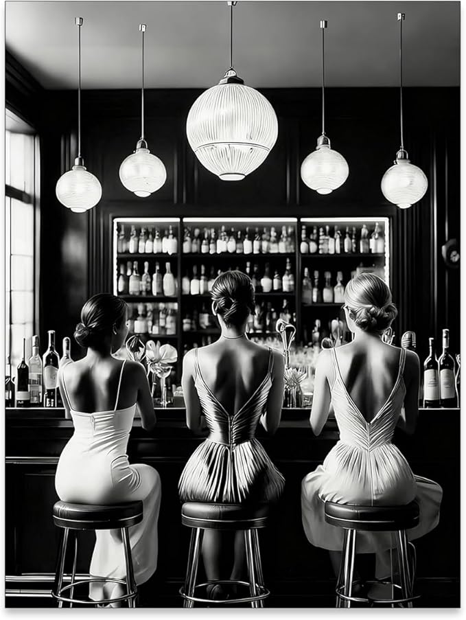 Vintage Black and White Canvas Wall Art Trendy Women Drink Cocktail Posters by FuSatisYilife