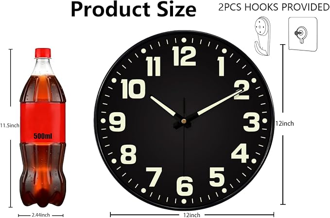 12 Inch Silent Wall Clocks Battery Operated, Glow in The Dark Wall Clock - Image 3