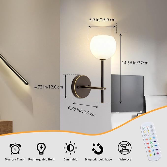 Brown Gold Battery Operated Wall Sconces Set of 2, Rechargeable Wireless Wall - Image 2