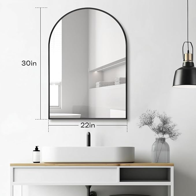 22" x 30" Black Arched Mirror, Arch Wall Mirror, Metal Frame Black Bathroom - Image 2