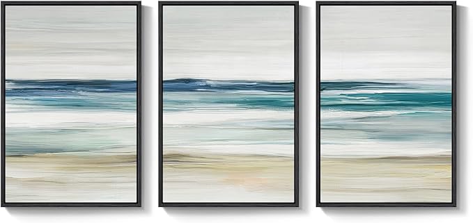 Framed Abstract Coastal Wall Art Bedroom, 3 Piece Blue Beach Landscape Canvas - Image 9