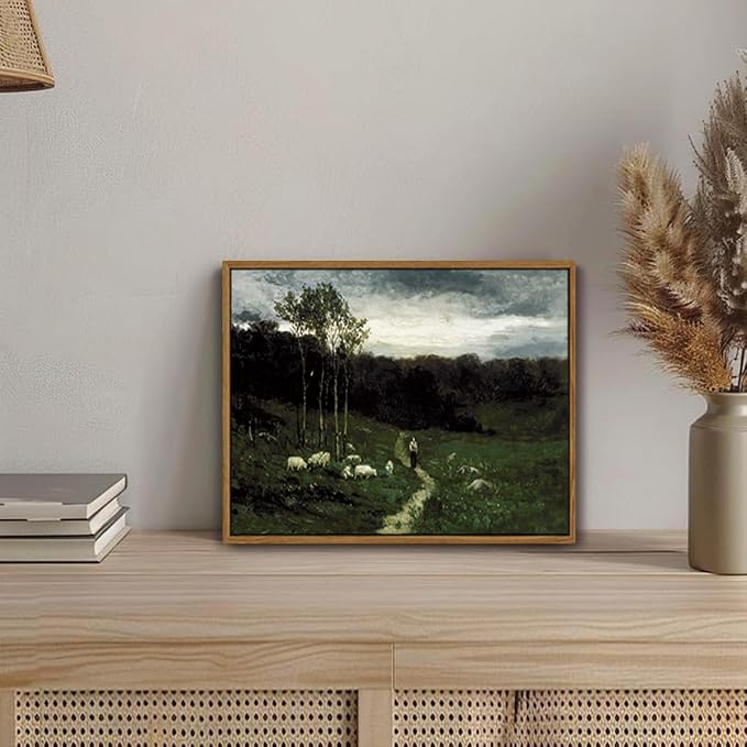 OIQArtOIQ Framed Vintage Landscape Wall Art Shepherd Natural Scenery Oil - Image 2