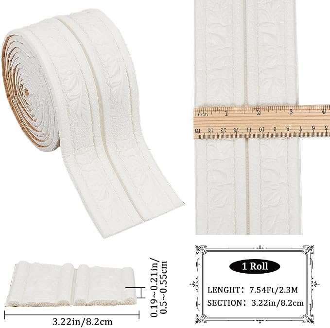 CRASPIRE 90.5 x 3 Wider White Foam Flexible Molding Trim Peel and Stick Self - Image 2