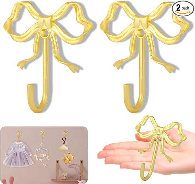 2Pcs Large Size Gold Bow Wall Hook, Metal Hook, Bow Room Decor Hooks by XHIPY