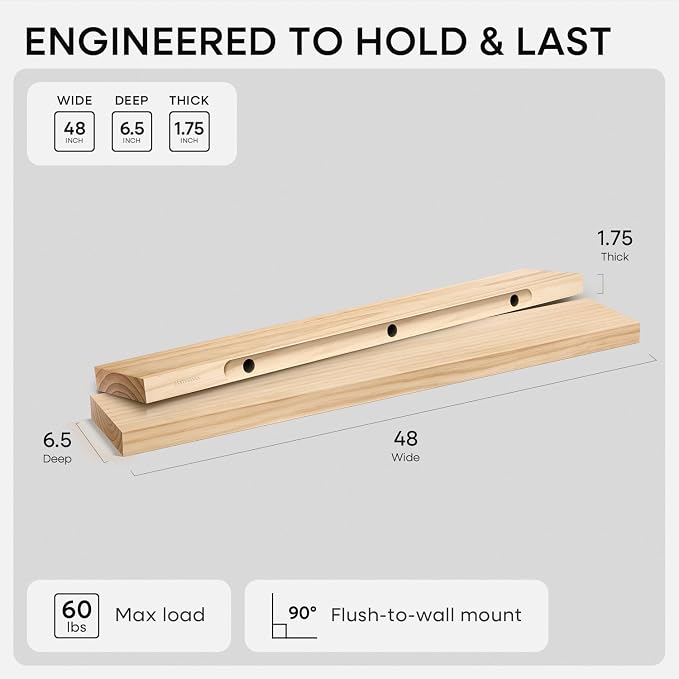 Homeforia 48 inch Natural Floating Shelf, High End Solid Real Wood 48inch Small - Image 3