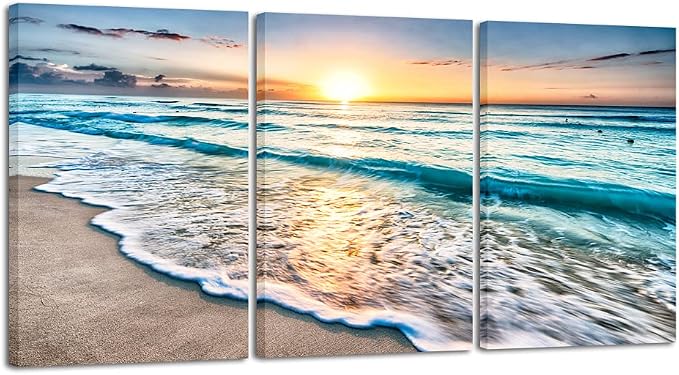 Wieco Art 3 Panels Blue Beach Sunrise White Wave Pictures on Canvas Wall Art by WiecoArt