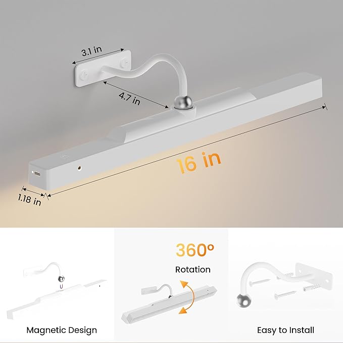 Picture Light with Remote - 16in White Rechargeable Battery Wall Light - Image 6