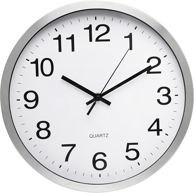 Wall Clock 12 Inch Silver Brushed Finish Silent Non Ticking Indoor Clock Round - Image 2