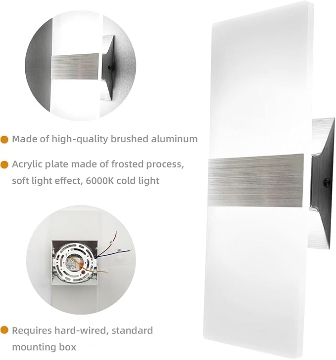 KICAAO Modern Wall Sconces Set of Two, Led Wall Light 10w, 6000k White Light Up - Image 5