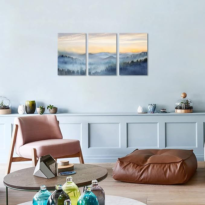 Wall Decor for Bedroom 3 Panel Sunrise Misty Forest Print Picture Paintings - Image 3