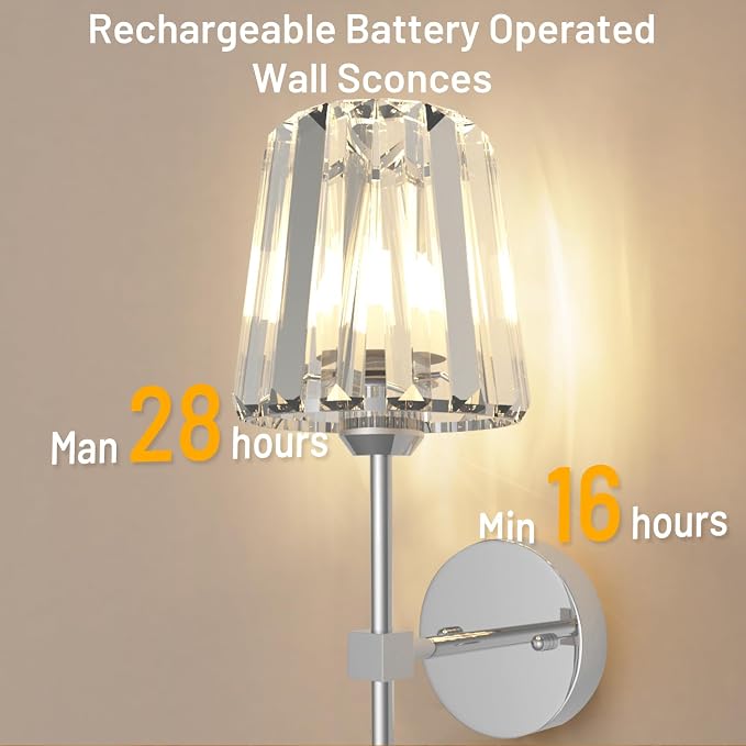 Crystal Battery Operated Wall Sconces Set of 2, Chrome Rechargeable Wireless - Image 9