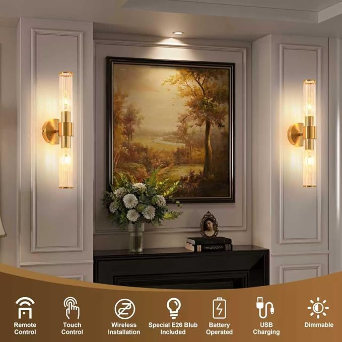 Morauroral Gold Battery Operated Wall Sconces Set of Two, Rechargeable Wall - Image 2