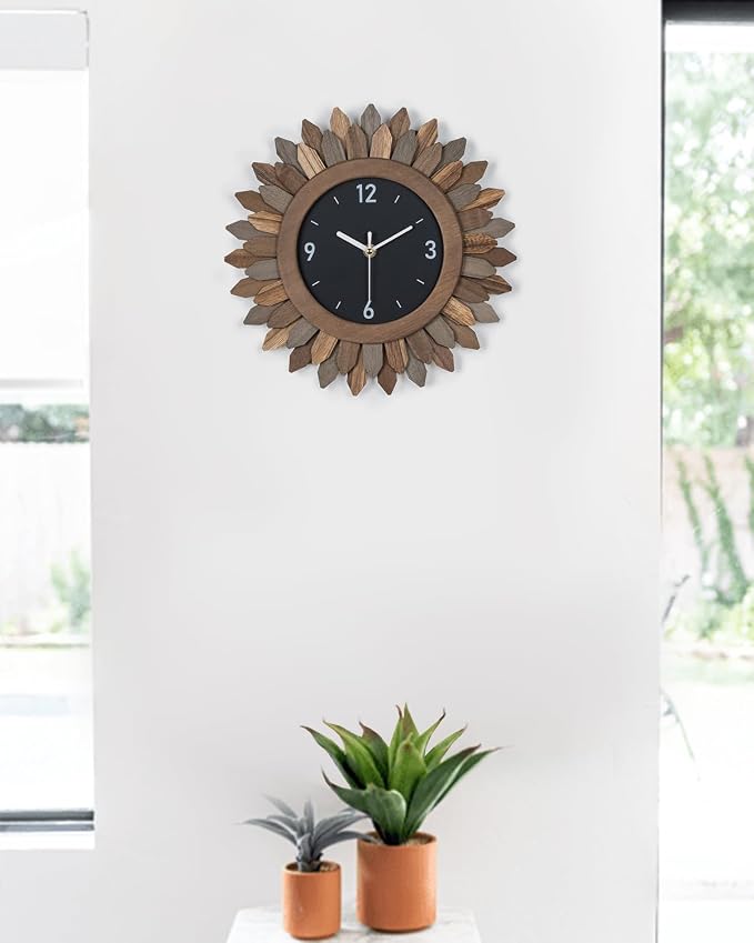 Honiway Wall Clock Battery Operated 12 in Rustic Wood Boho Sunburst Decorative - Image 8