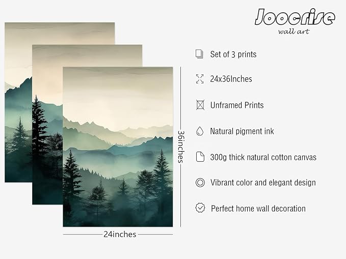 Mountain Wall Art Decor Set of 3 Sage Green Forest Canvas Wall Art Prints - Image 2