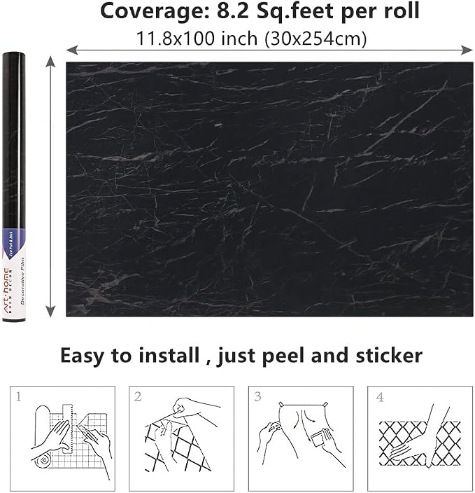 Arthome Black Marble, 11.8x100 Inches Peel and Stick Wallpaper, Marble Contact - Image 7