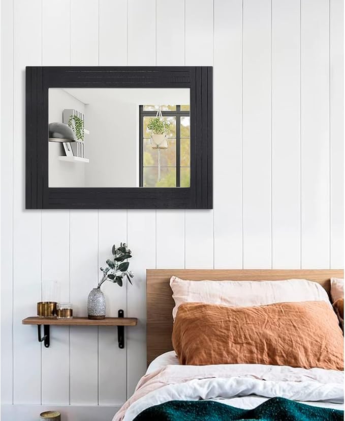 Black Rectangular Vintage Rustic Wood Framed Large Mirror - Image 5