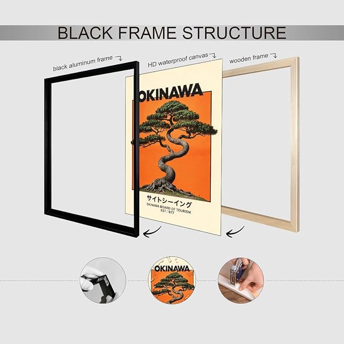 Japanese Black Framed Wall Art Okinawa Prints Vintage Japanese Bonsai Tree - Image 3
