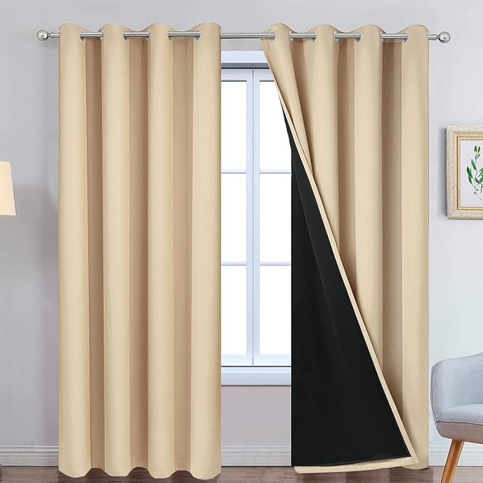 Yakamok Beige 100% Blackout Curtains, Thermal Insulated Total Blackout Drapes by Yakamok