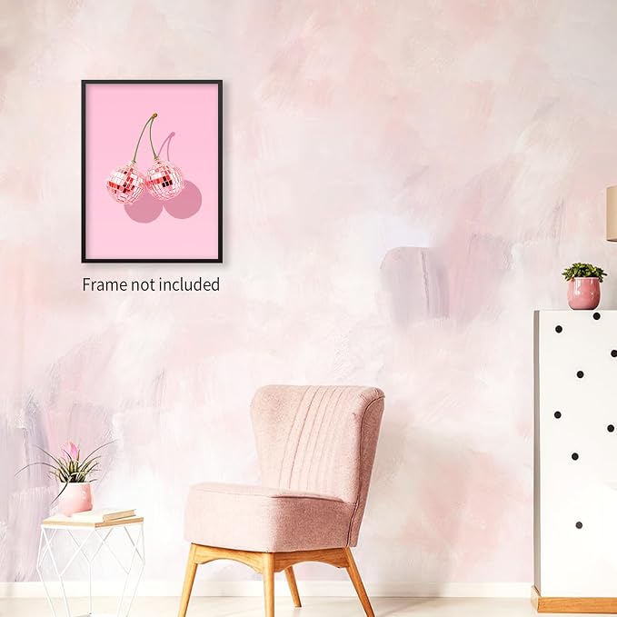 jkahh Funky Pink Cherry Poster Retro Disco Ball Canvas Wall Art Trendy Preppy - Image 6