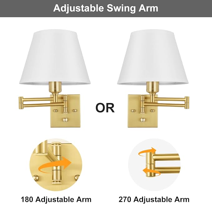TRLIFE Wall Sconce Plug in, Brushed Brass Dimmable Wall Sconces Set of 2 Swing - Image 4