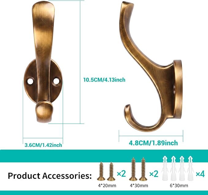Heavy Duty Wall Hooks, Metal Mounting Hardware, Double Prong Design, Decorative - Image 2
