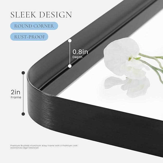 Bathroom Mirror for Wall, 40x30 Inch Rectangle Mirror, Matte Black Metal Framed - Image 2