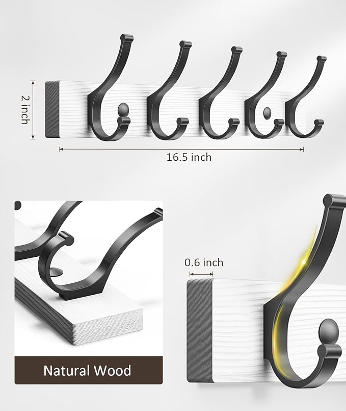 Optish Coat Rack Wall Mount, 16.5 Inches Wood Coat Hooks Wall Mount, Wall Coat - Image 7
