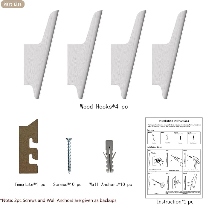 Wood Wall Hooks 4 Pack Coat Hooks Wall Mount White Wooden Hooks - Image 9