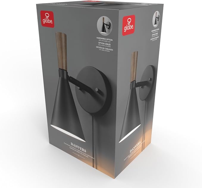 Globe Electric Plug-in or Hardwire Wall Sconce, Matte Black, Wood-Tone Switch - Image 10
