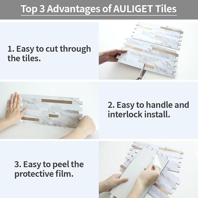 AULIGET 20 Sheets Faux Stone White Marble Peel and Stick Backsplash, PVC Mixed - Image 6