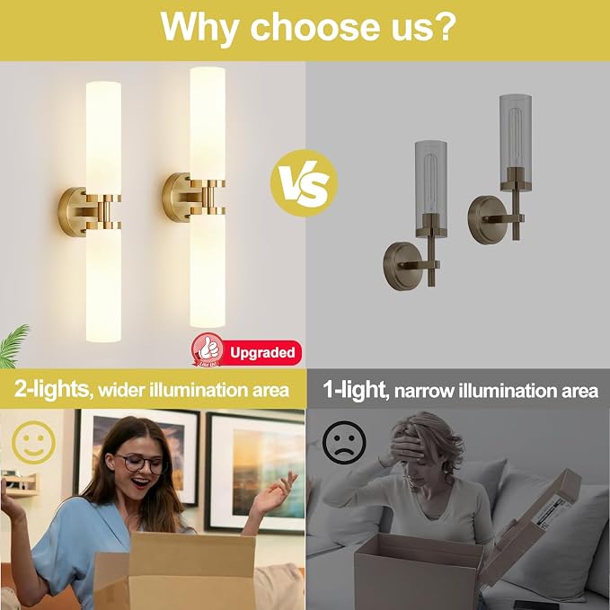 Wall Sconces Set of Two, Hardwired Brushed Gold Bathroom Sconces Wall Lighting - Image 7