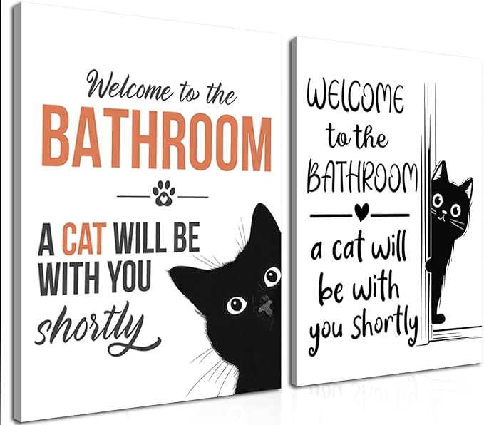 MUWAK Funny Welcome to the Bathroom Slogan Wall Art Set of 2 – Cat will Be by MUWAKWallArt