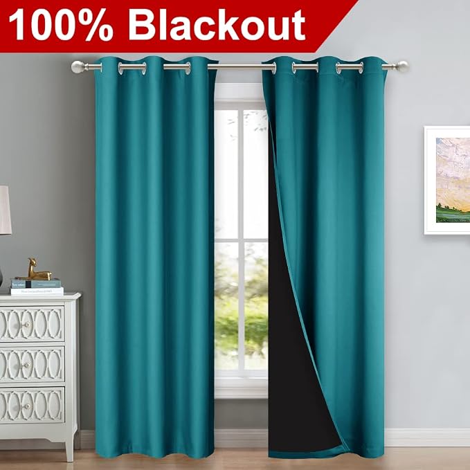 NICETOWN Peacock Teal Blackout Curtains 80 inches Long, Full Light Blocking - Image 2