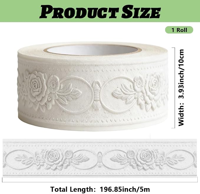 3D Wallpaper Border Floral White Wall Border Trim 197 x 4 Inch Elegant Rose - Image 2