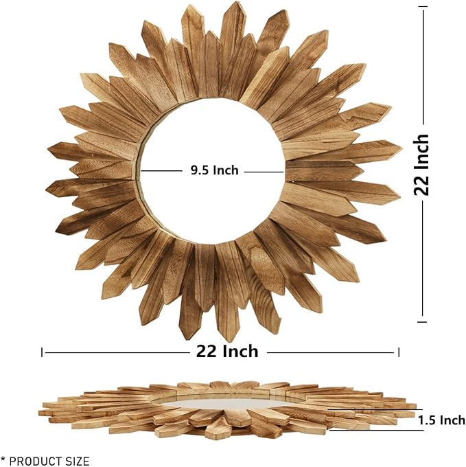LOSOUR 2 Pack 22 Inch Boho Wall Sunburst Mirror Rustic Round Wood Decorative - Image 6