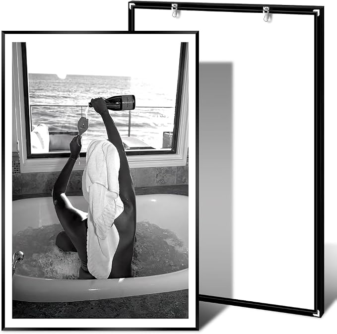 Trendy Black and White Poster Funny Woman Drinking Wine in Bathtub Wall Art - Image 2