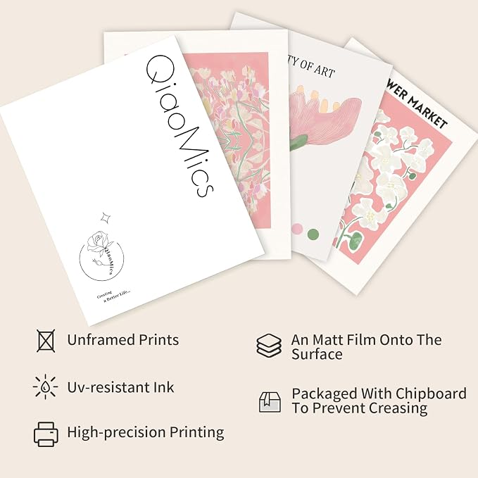 QIAOMICS Pink Flower Market Wall Art Prints, Cute Matisse Wall Decor Aesthetic - Image 3