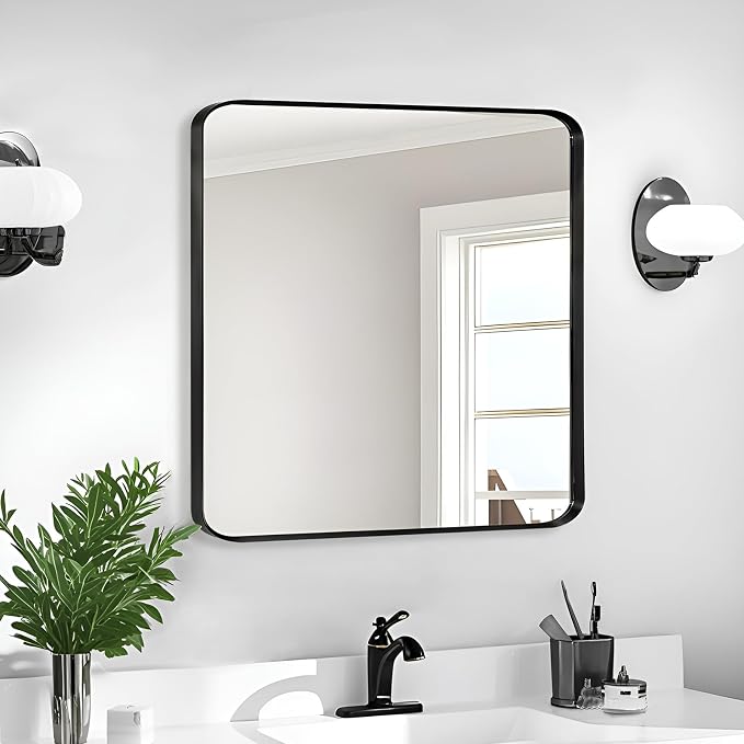 Wall Mount Mirror for Bathroom, Brushed Black Metal Framed Rounded Corner - Image 2