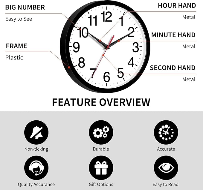 Rohioue Wall Clock Modern 10 Inch Black Battery Operated Silent Non Ticking - Image 7