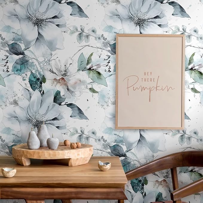 Ice Blue White Large Hyacinth Floral Green Leaf Peel and Stick Wallpaper Wall - Image 5