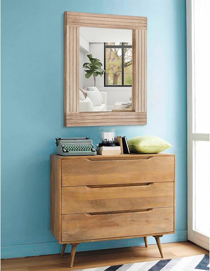 Rectangle Mirror Retro Wooden Wall-Mounted Mirrors Farmhouse Bedroom Bathroom - Image 4
